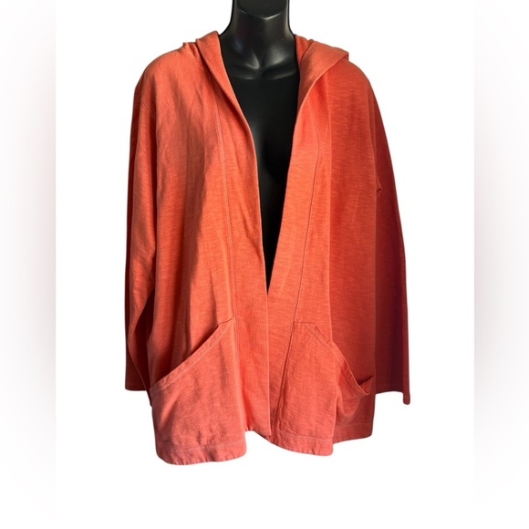 Orvis Orange open front cardigan with hoodie pockets sz L NWT 100% cotton